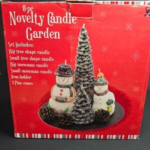 New in Box 8 Piece Novelty Winter Christmas Candle Garden Snowmen Trees